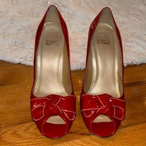 Stuart Weitzman red patent leather peep toe shoes.  Size 10